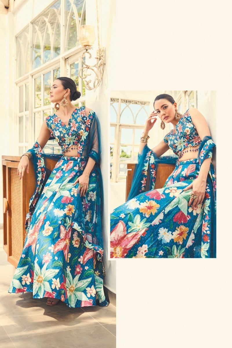 Vibrant Blue Floral Choli with Lehenga Set by B Girl