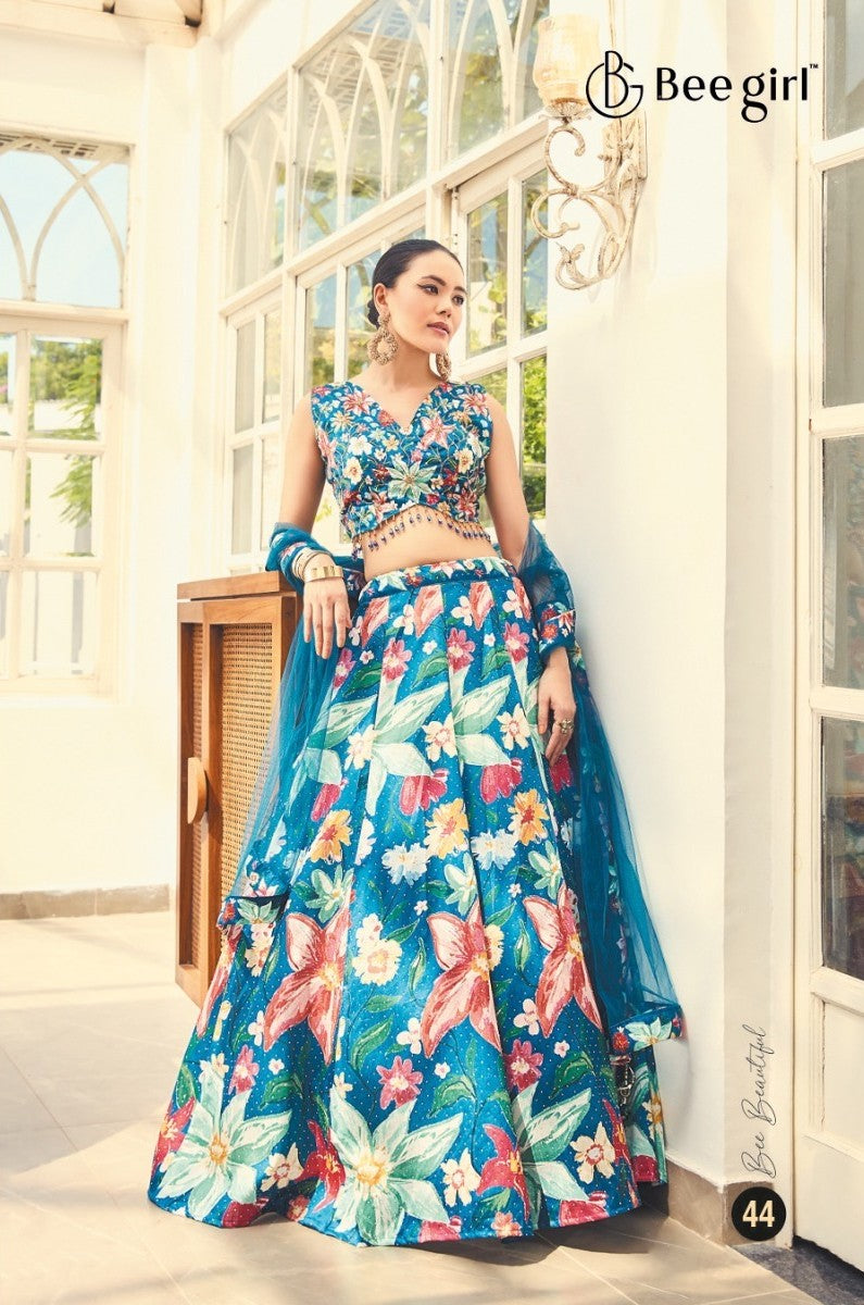 Vibrant Blue Floral Choli with Lehenga Set by B Girl