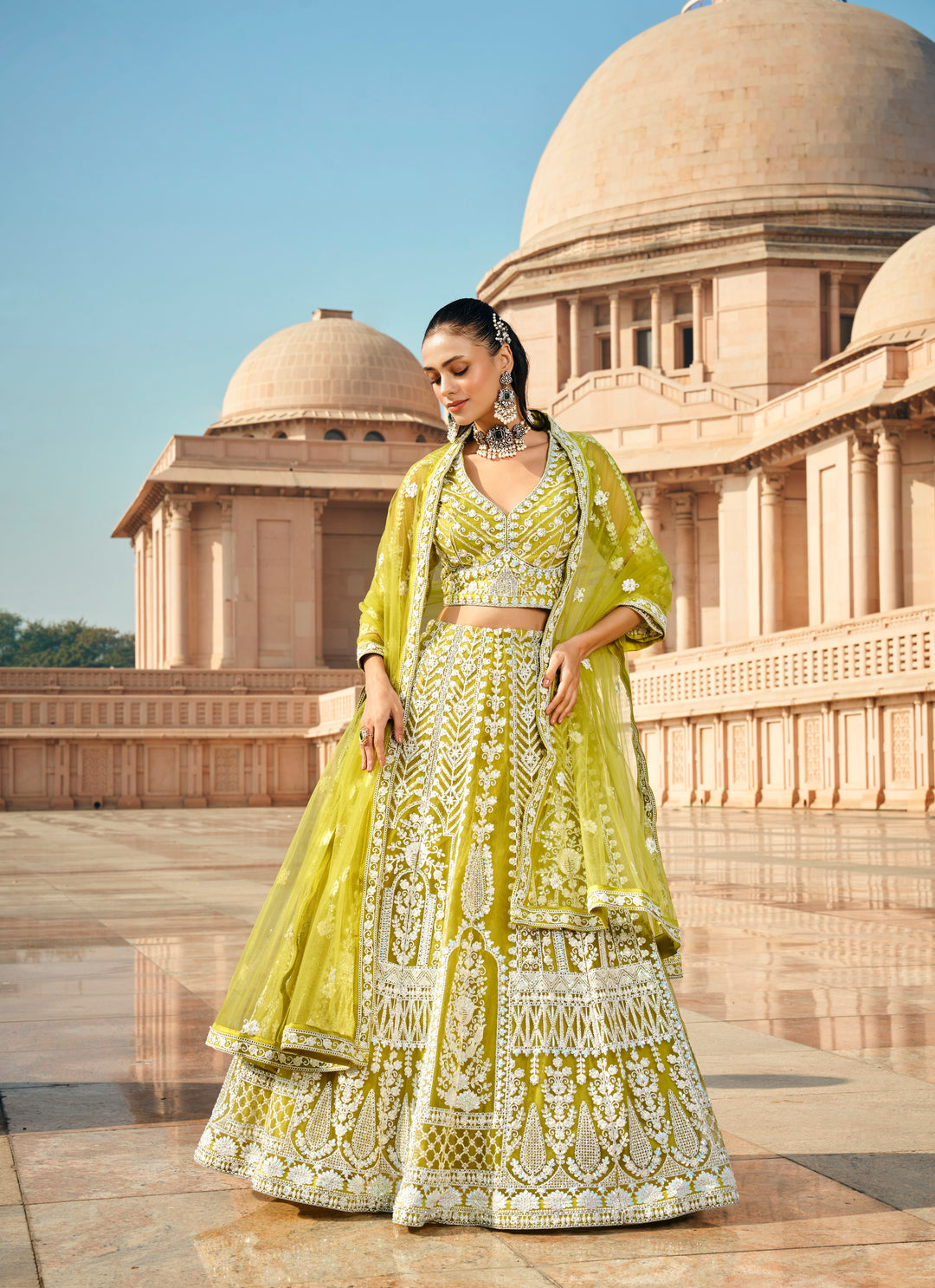 Elegant Lime Green Embroidered Lehenga Set