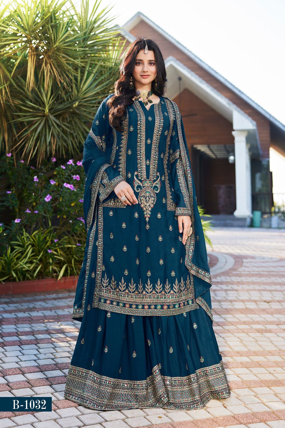 Royal Teal Embroidered Sharara Set
