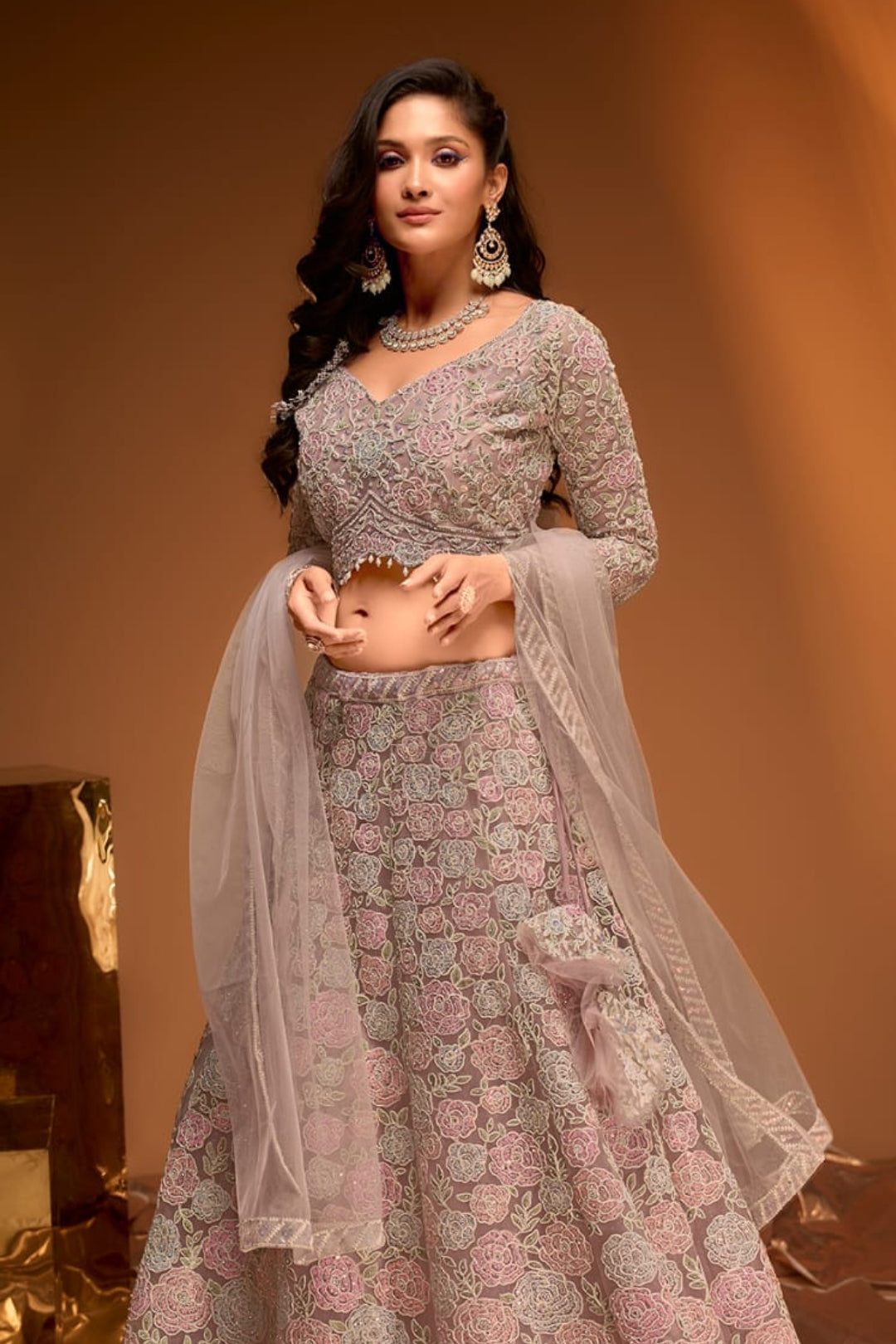 Blush Pink Floral Embroidered Choli with Lehenga Set