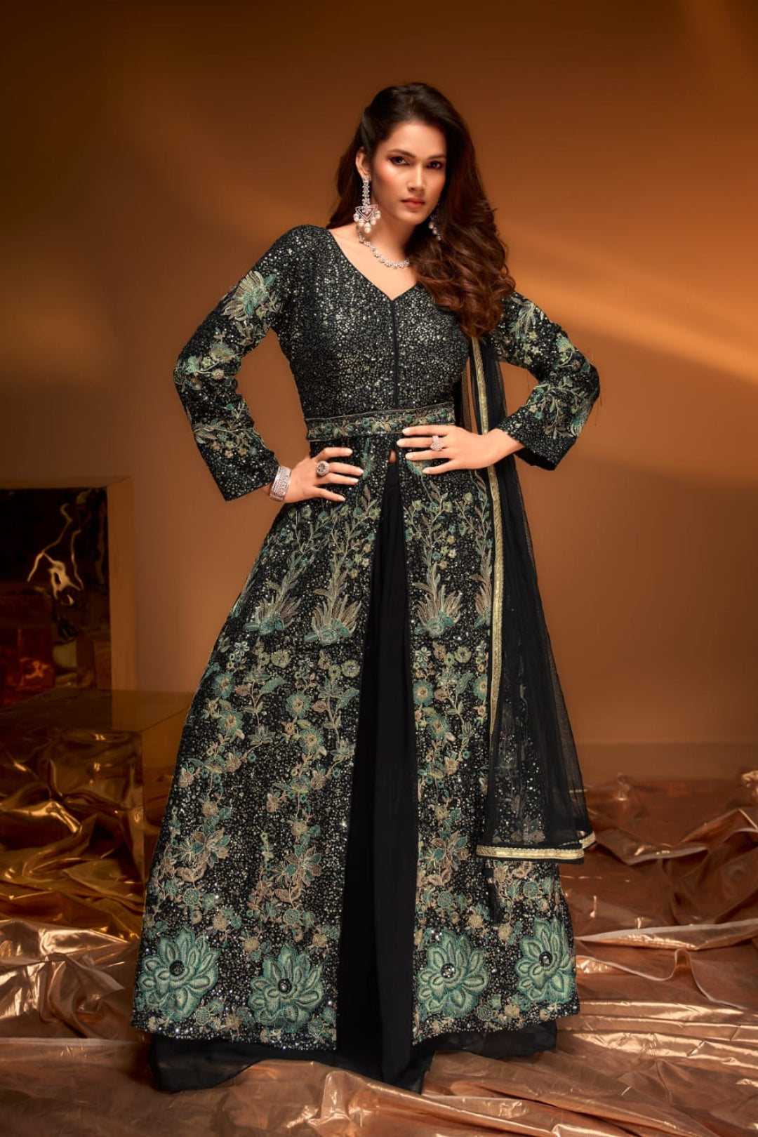 Midnight Enchantress Embroidered Indo-Western