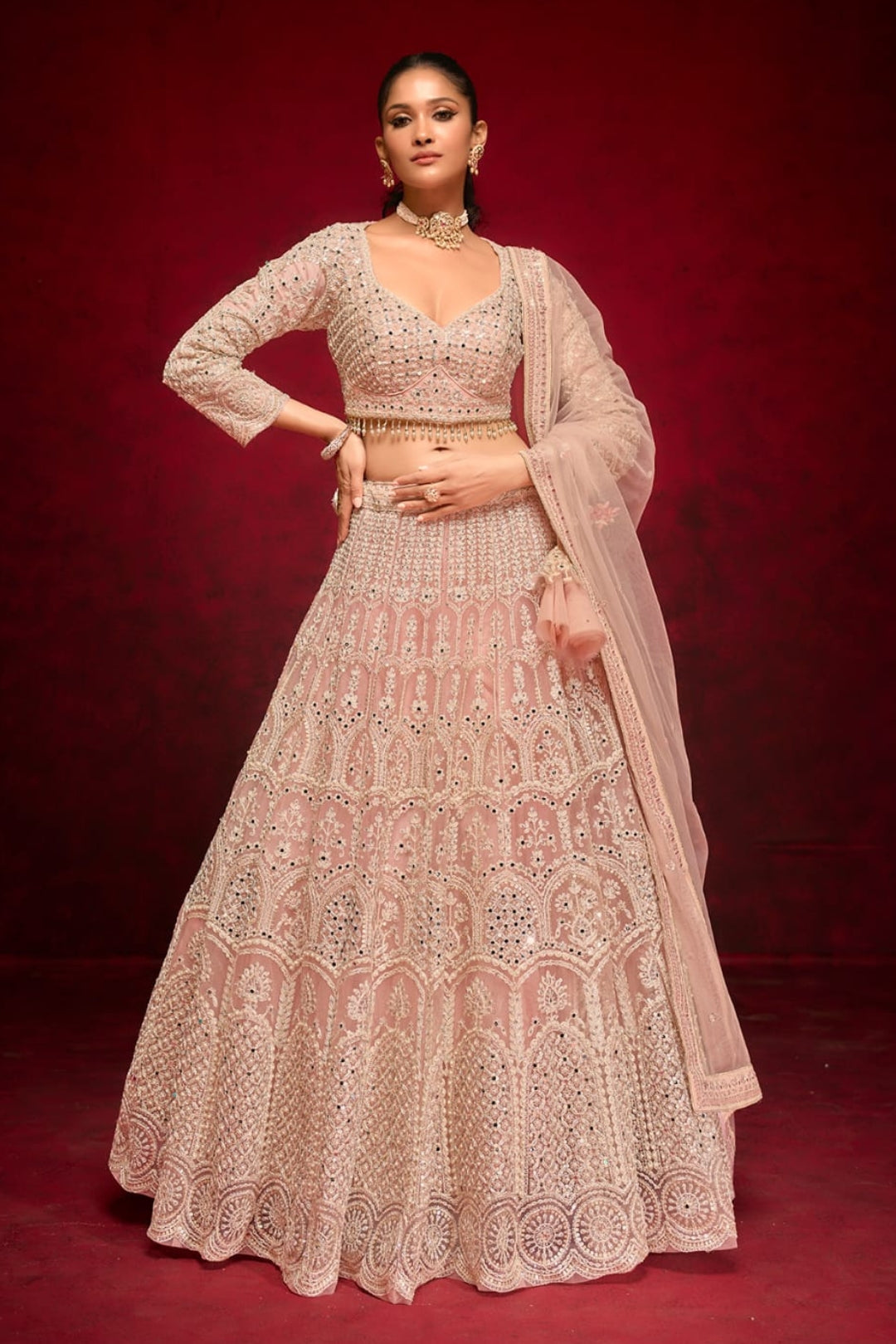 Elegant Baby Pink Embroidered Lehenga Choli Set by B Girl
