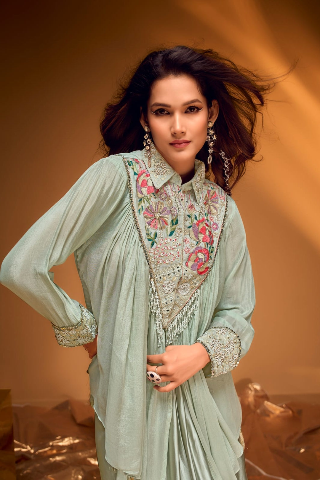 Chic Pista Green Embroidered Western Set by B Girl