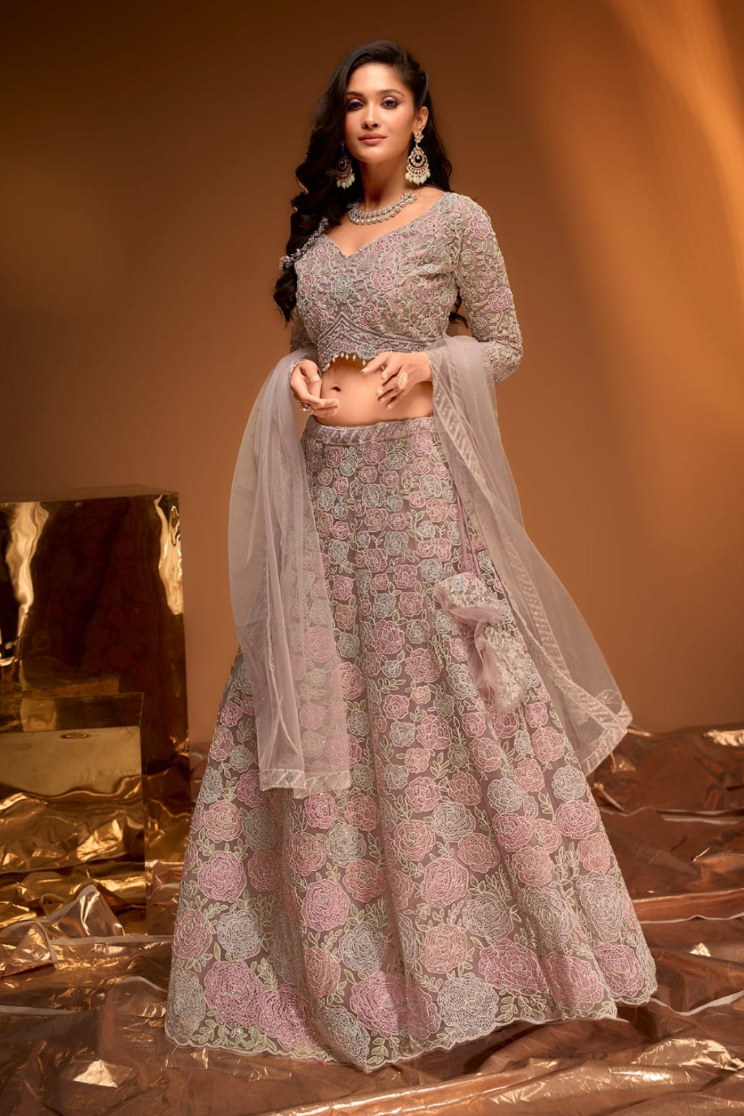Blush Pink Floral Embroidered Choli with Lehenga Set