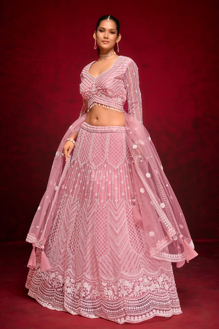 Blush Pink Embroidered Lehenga Choli with Sheer Dupatta by B Girl