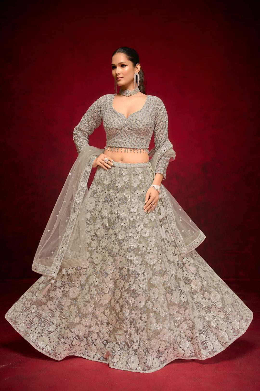 Glamorous Grey Embellished Lehenga Choli Set by B Girl