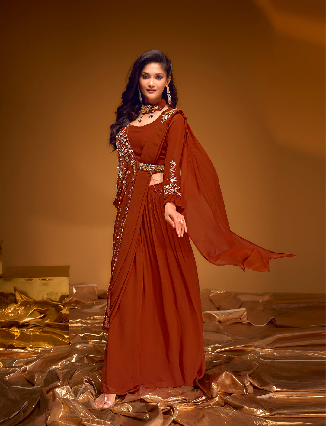 Regal Rust Embroidered Gown with Flowing Cape