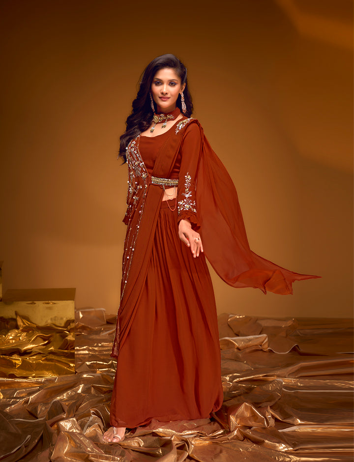 Regal Rust Embroidered Gown with Flowing Cape