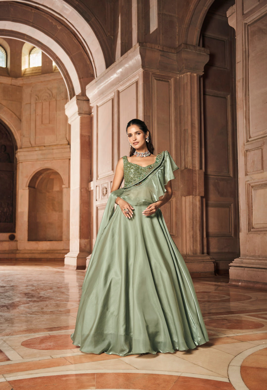 Sage Green Embellished Peplum Lehenga Set