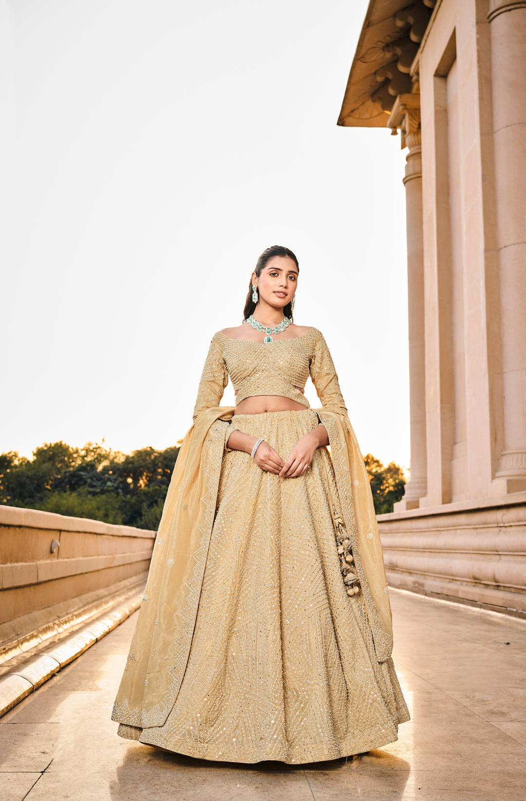 Golden Beige Off-Shoulder Embellished Lehenga Set