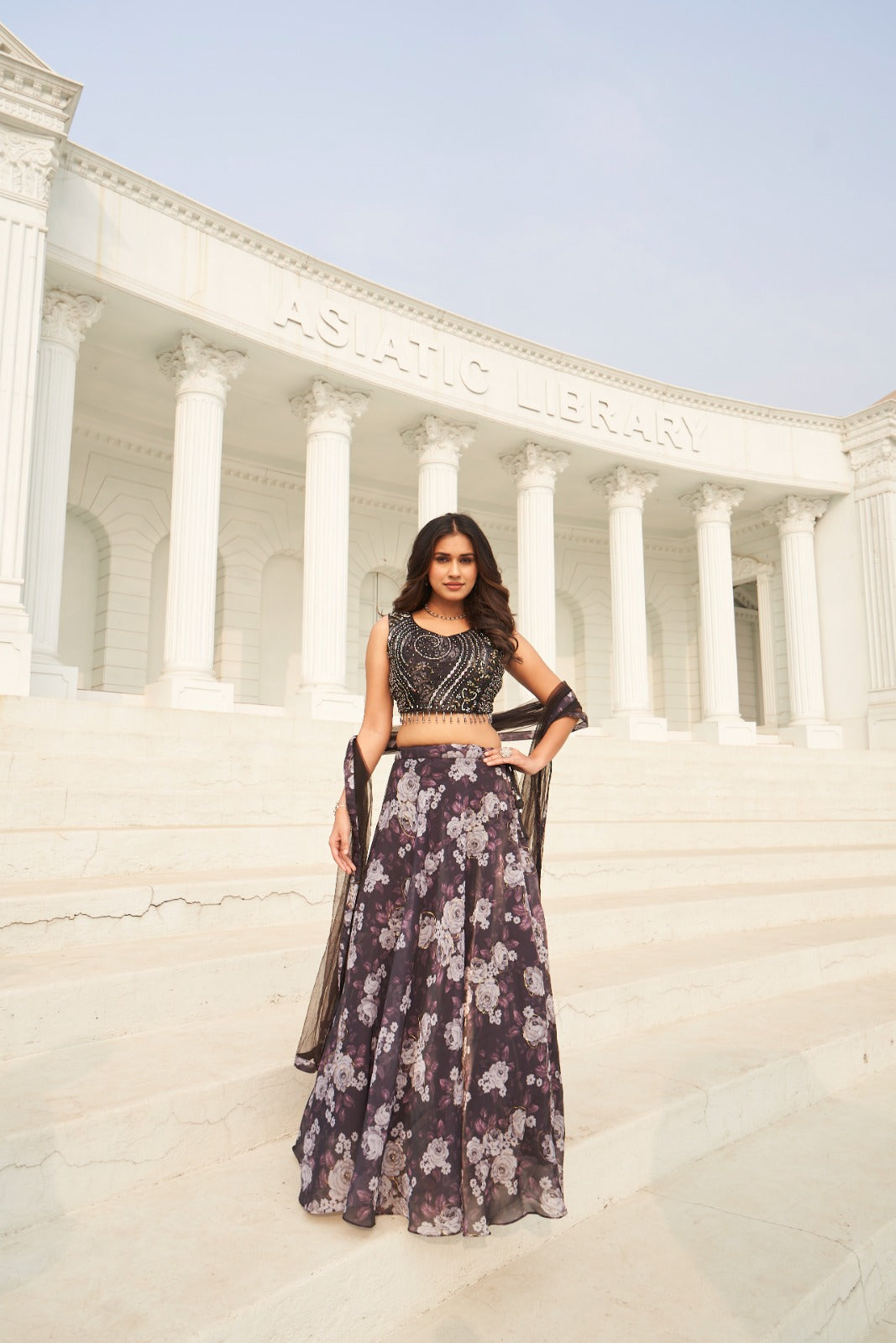 MIDNIGHT BLACK FLORAL EMBROIDERY LEHENGA
