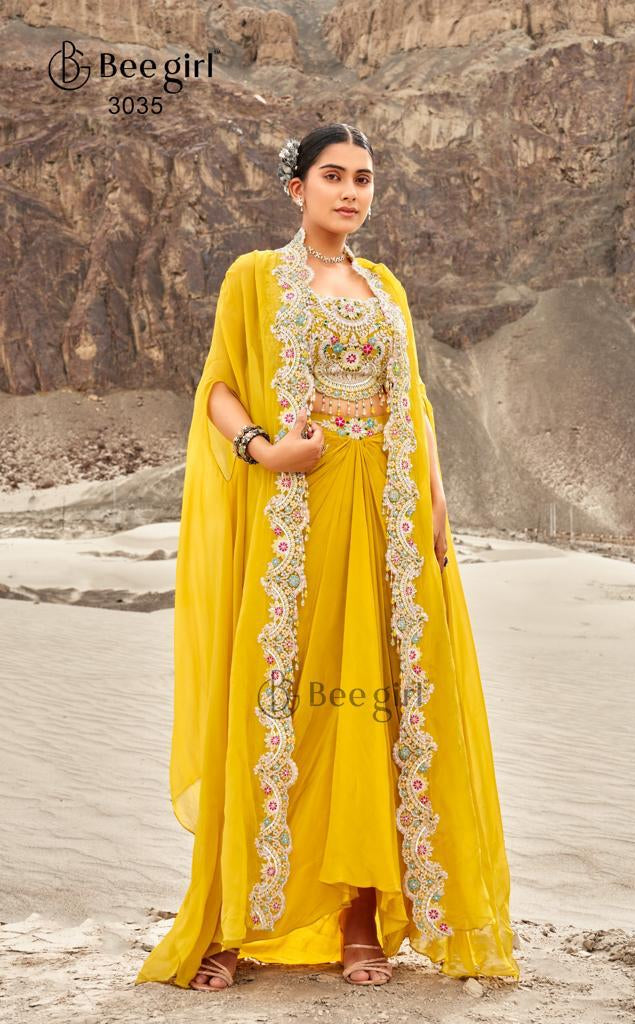 Yellow Embroidered Jacket Drape Set