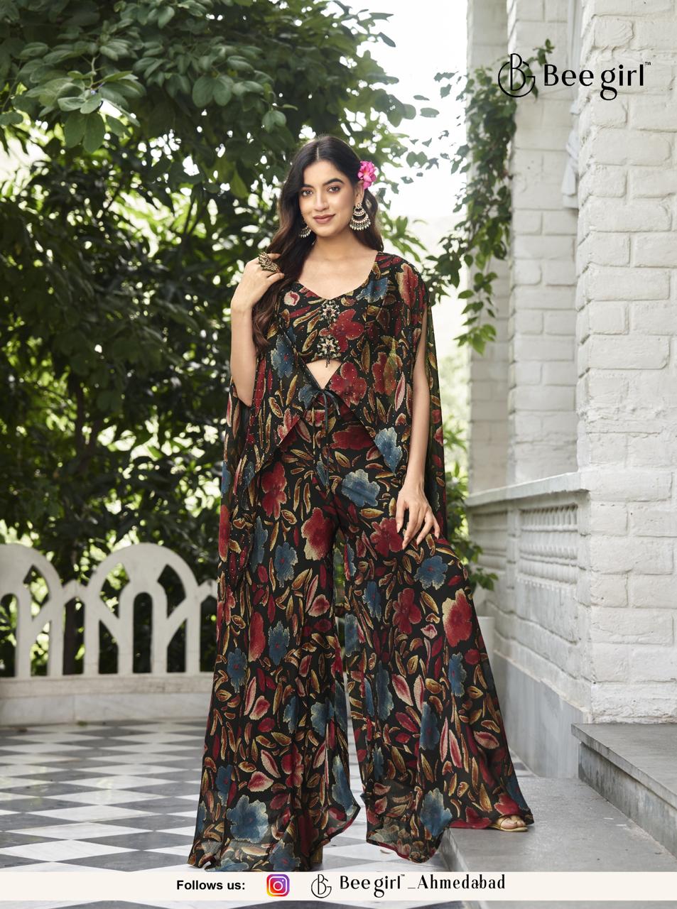 Floral Fusion Cape Jacket with Palazzo Pants
