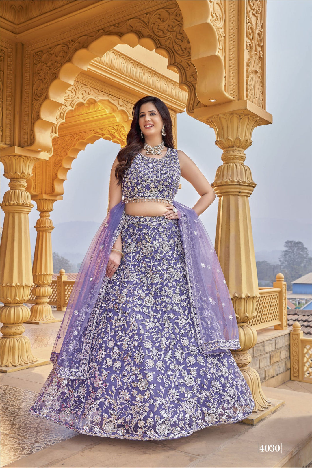 Royal Lavender Embroidered Net Lehenga Set