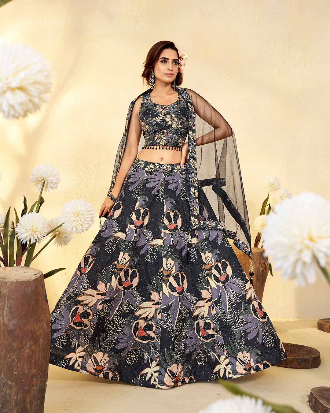 Elegant Noir Floral Lehenga