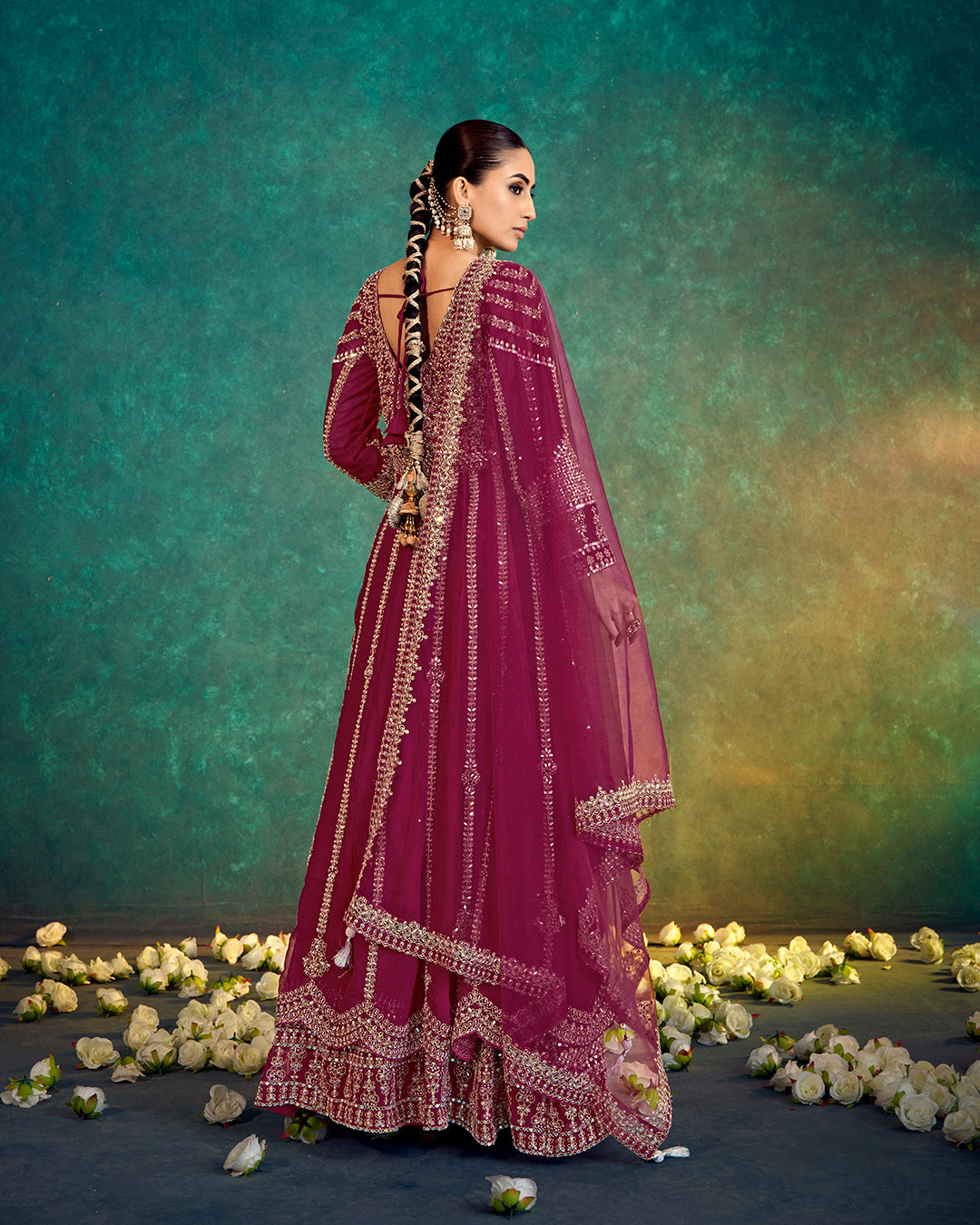 Exquisite Maroon Embroidered Anarkali Gown with Dupatta