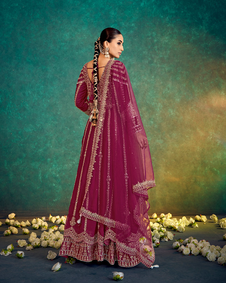 Exquisite Maroon Embroidered Anarkali Gown with Dupatta