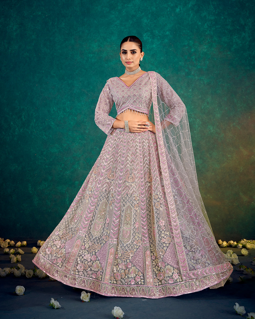 Lavender Embroidered Lehenga with Peacock Motifs & Beaded Floral Work