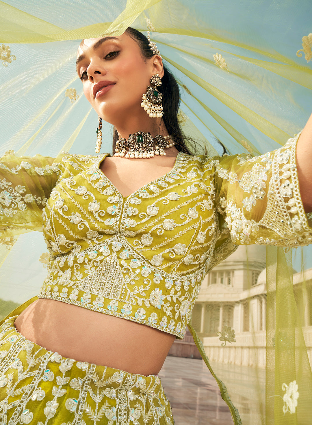 Elegant Lime Green Embroidered Lehenga Set