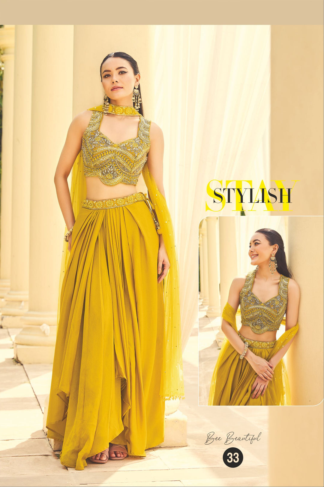 Sunlit Spark Yellow Embellished Crop Top & Drape Skirt Set