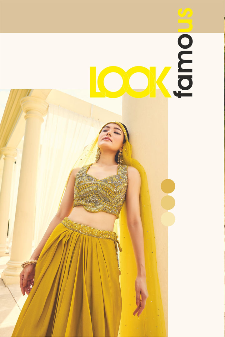 Sunlit Spark Yellow Embellished Crop Top & Drape Skirt Set