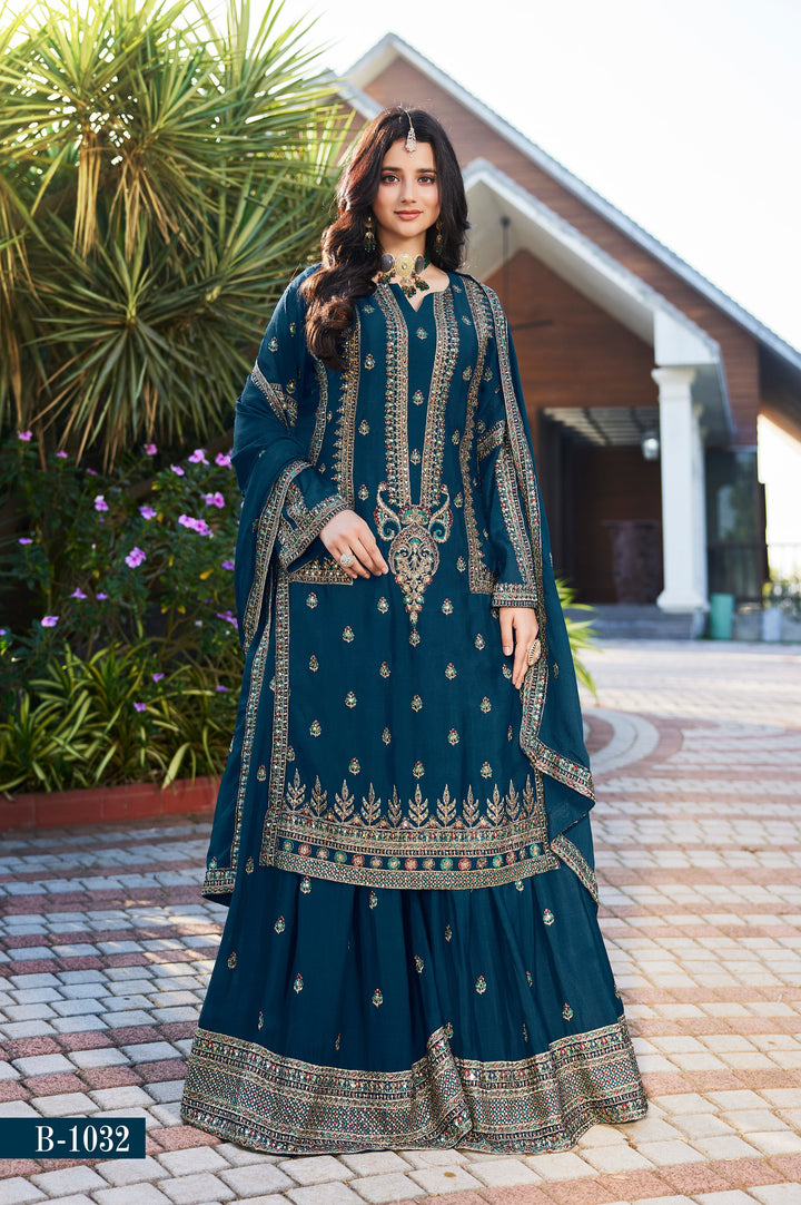 Royal Teal Embroidered Sharara Set