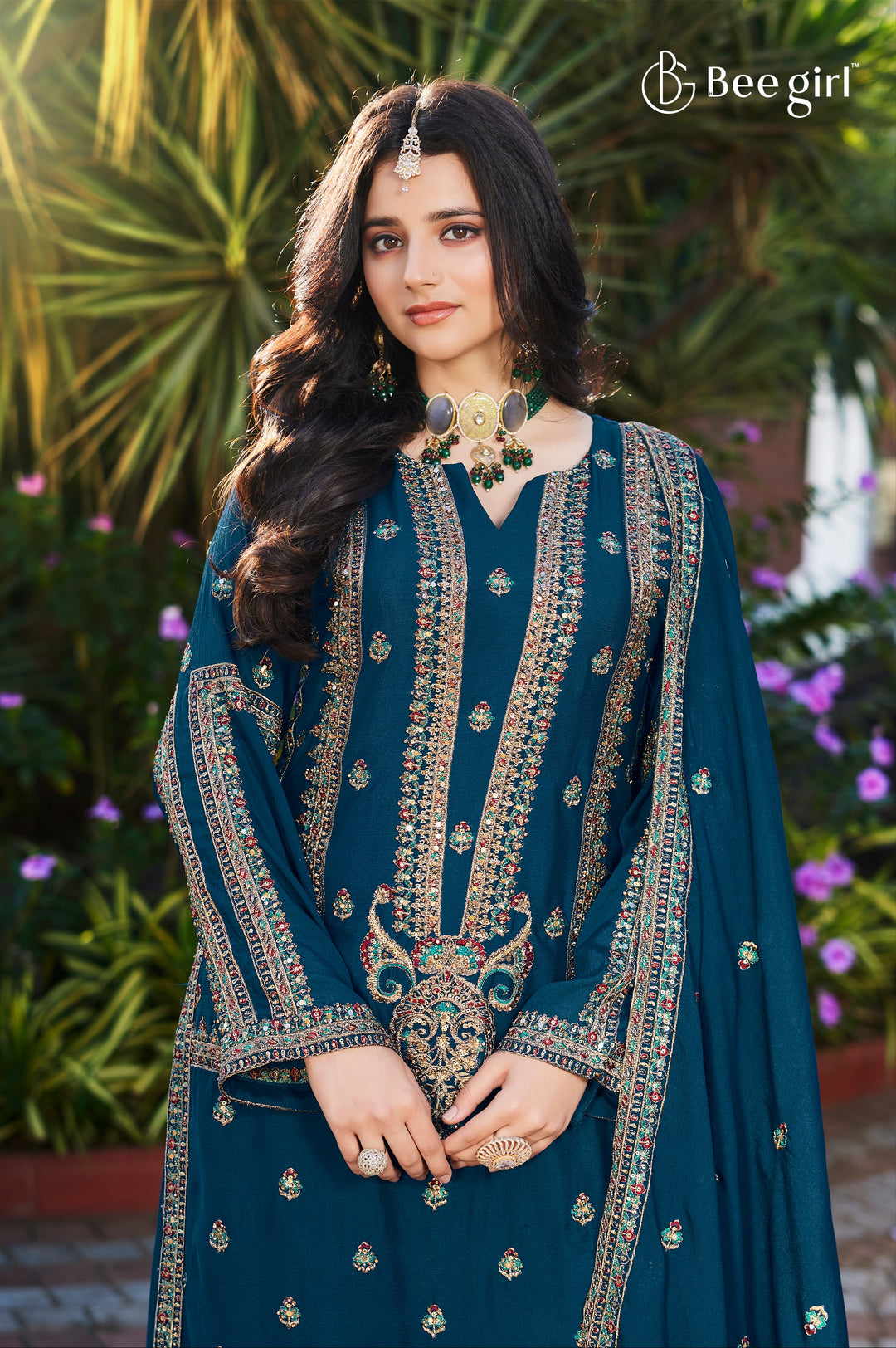Royal Teal Embroidered Sharara Set