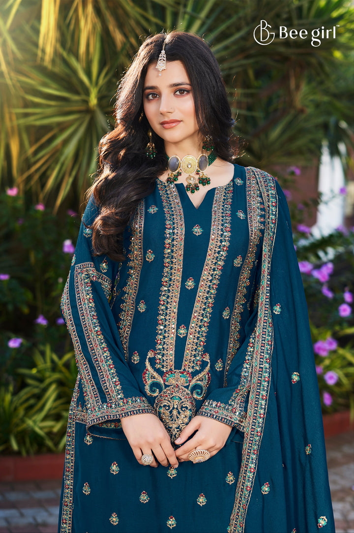 Royal Teal Embroidered Sharara Set