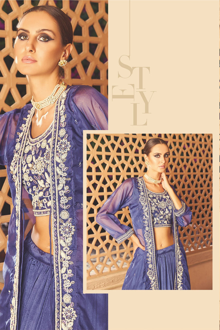 Elegant Blue Embroidered Jacket Set