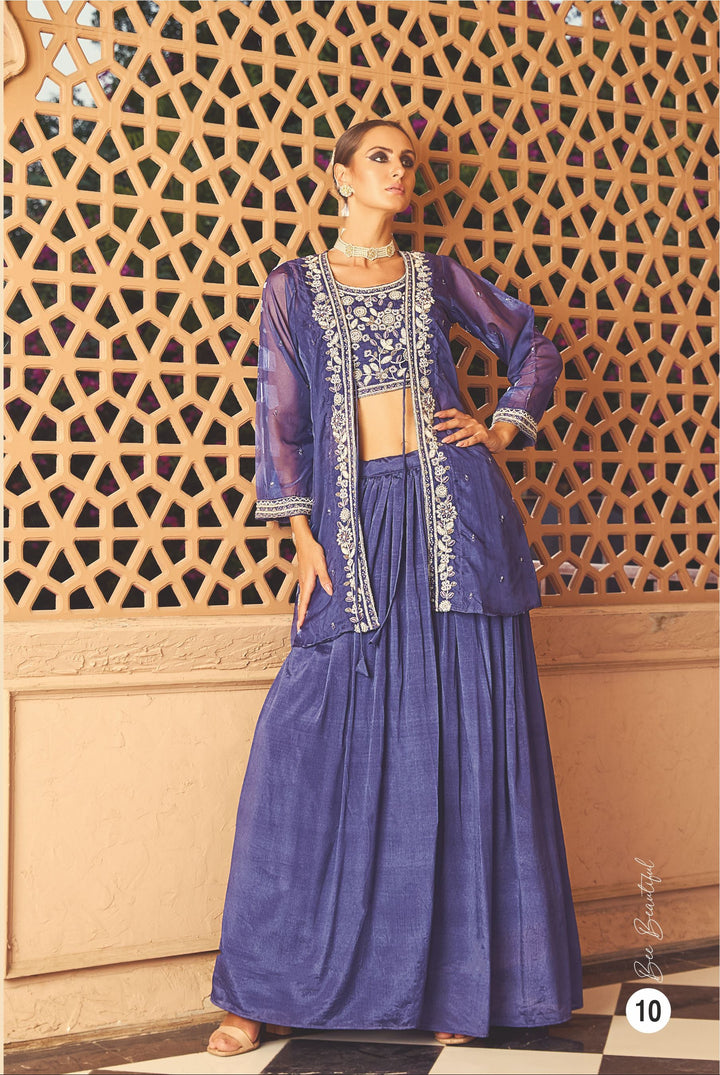 Elegant Blue Embroidered Jacket Set