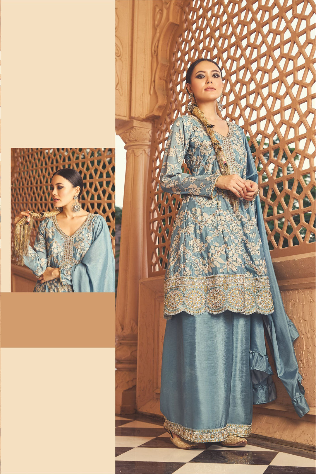 Blue Embroidered Plazo Set
