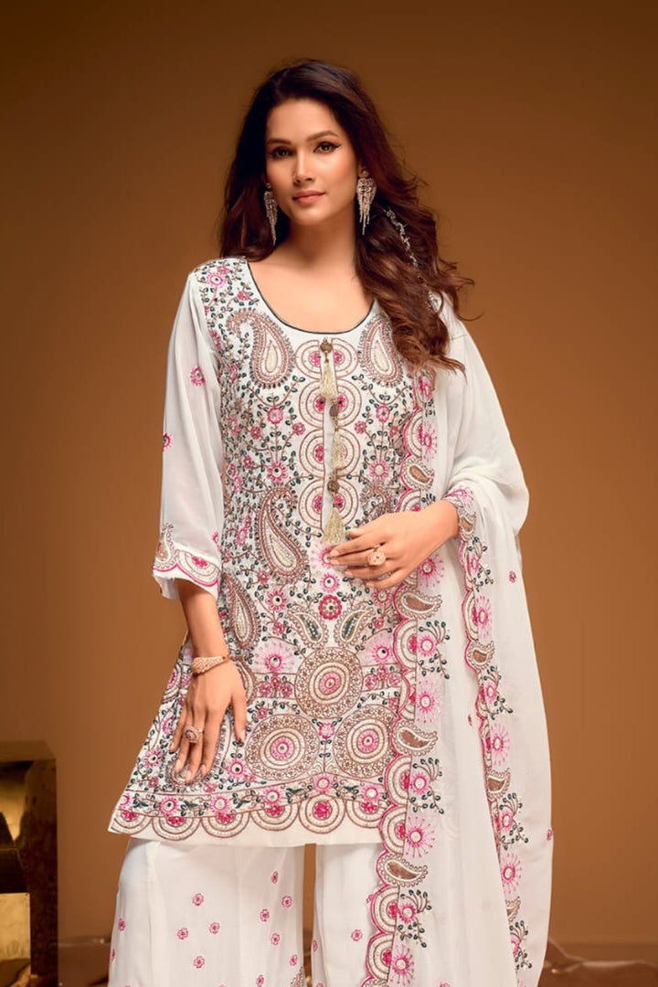 Elegant White Embroidered Sharara Set by B Girl