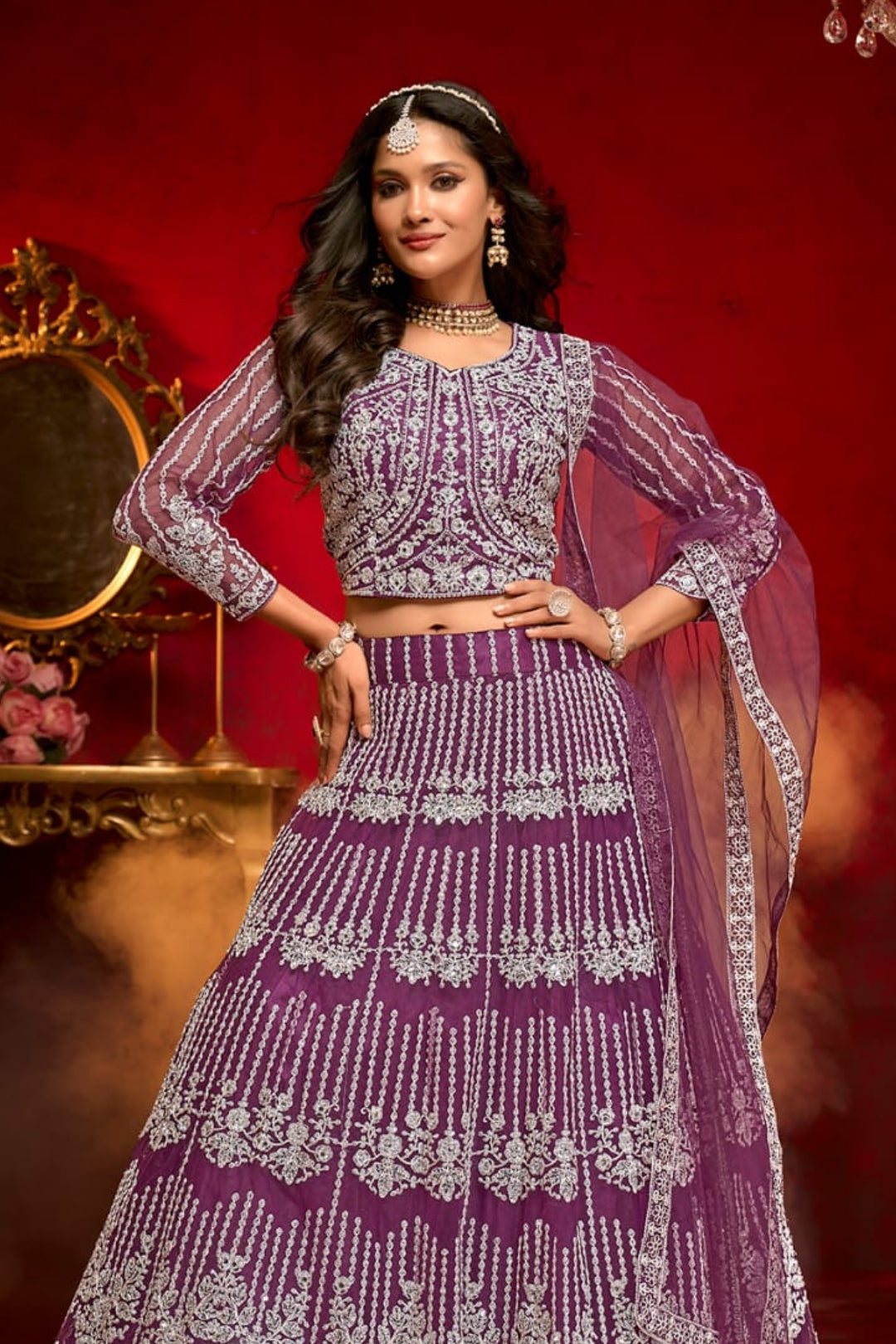 Regal Wine Embroidered Lehenga Choli Set by B Girl