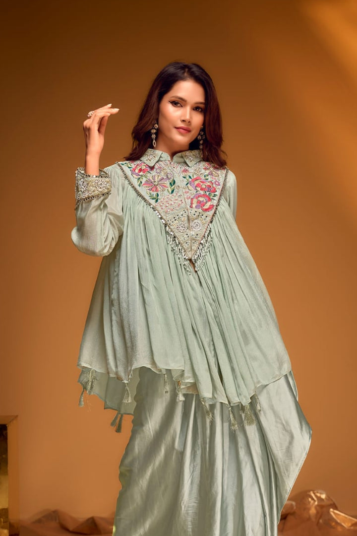 Chic Pista Green Embroidered Western Set by B Girl