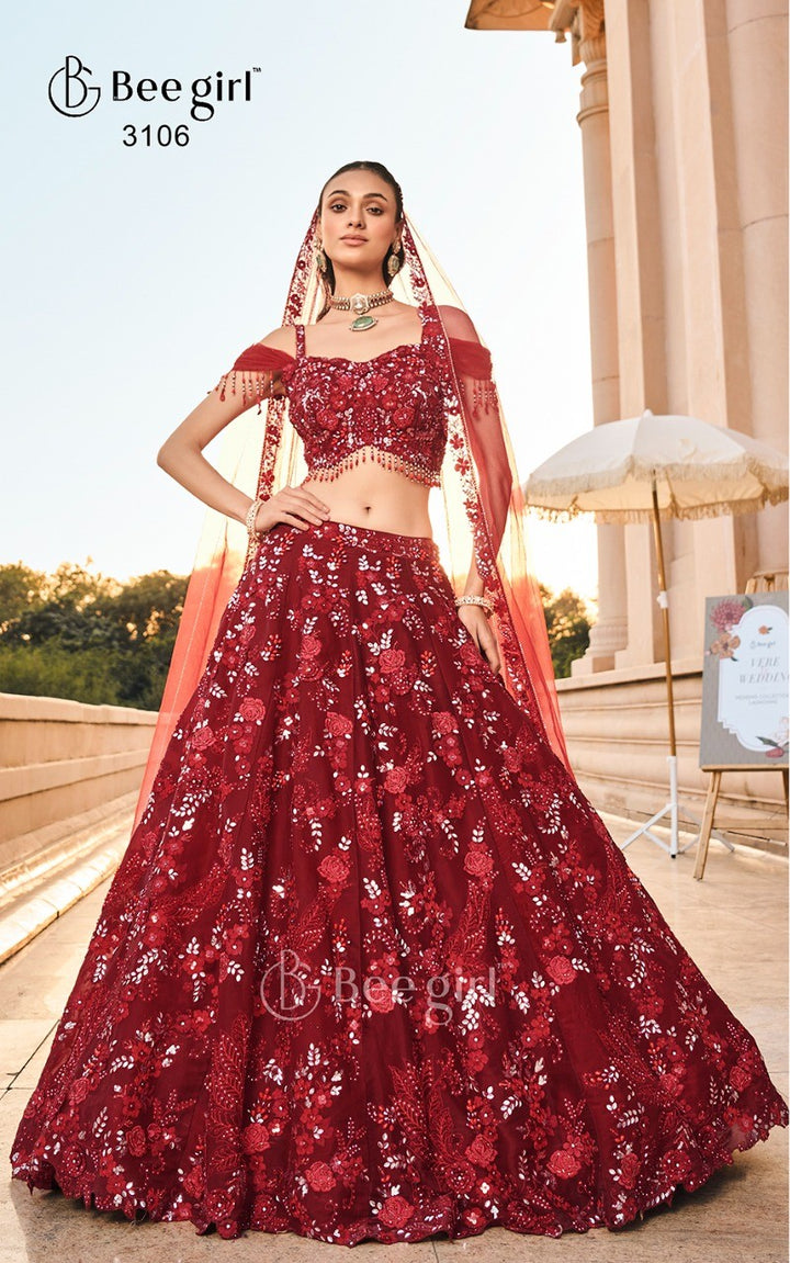 Radiant Red Embellished Choli with Lehenga by B Girl