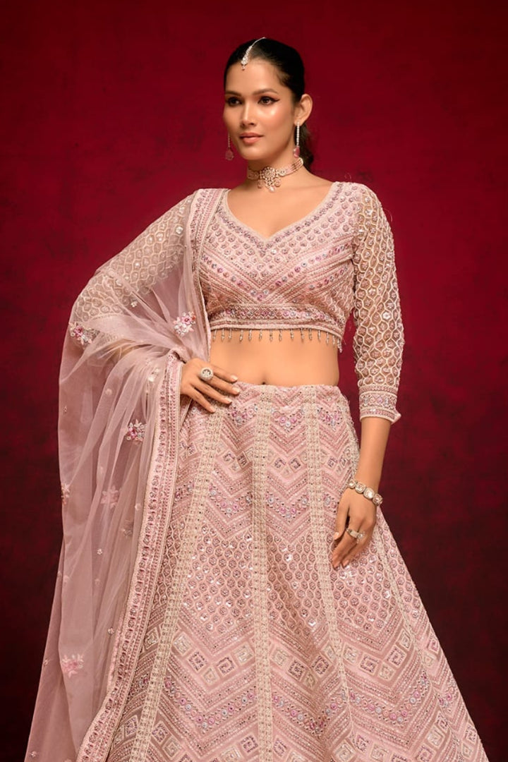 Blush Pink Embroidered Lehenga Choli with Delicate Detailing by B Girl