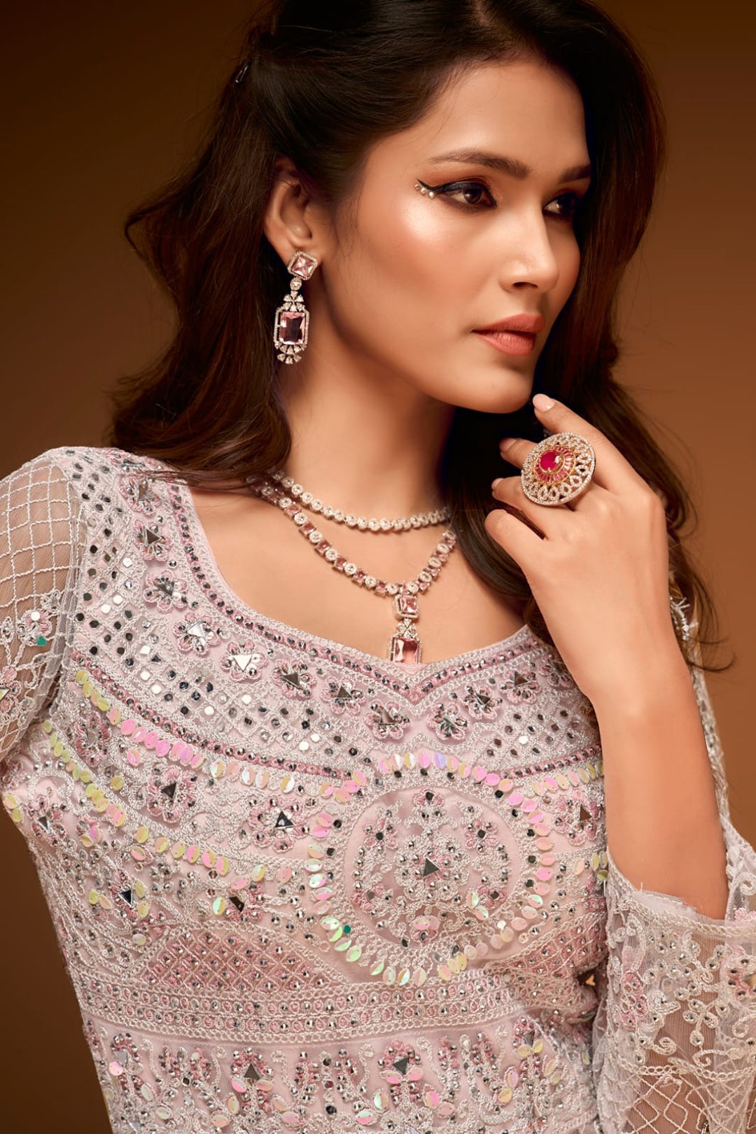 Enchanting Blush Pink Mirror Work Choli with Lehenga