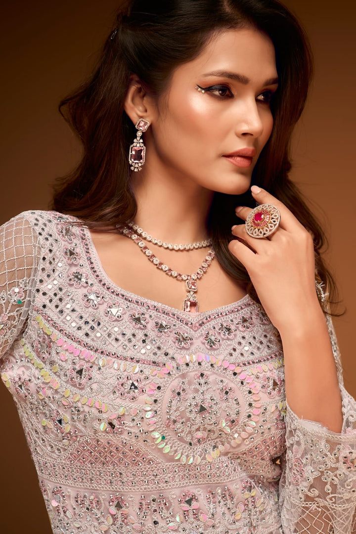 Enchanting Blush Pink Mirror Work Choli with Lehenga