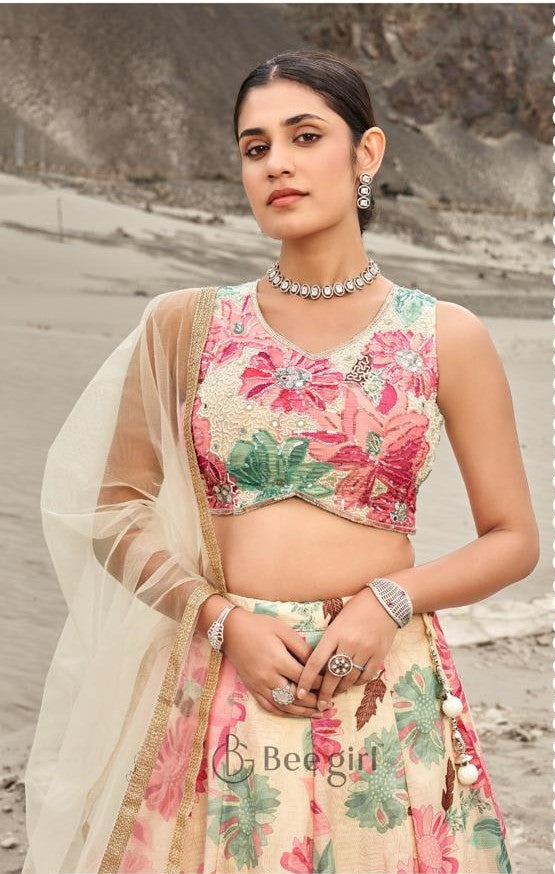Graceful White Embroidered Lehenga with Choli by B Girl