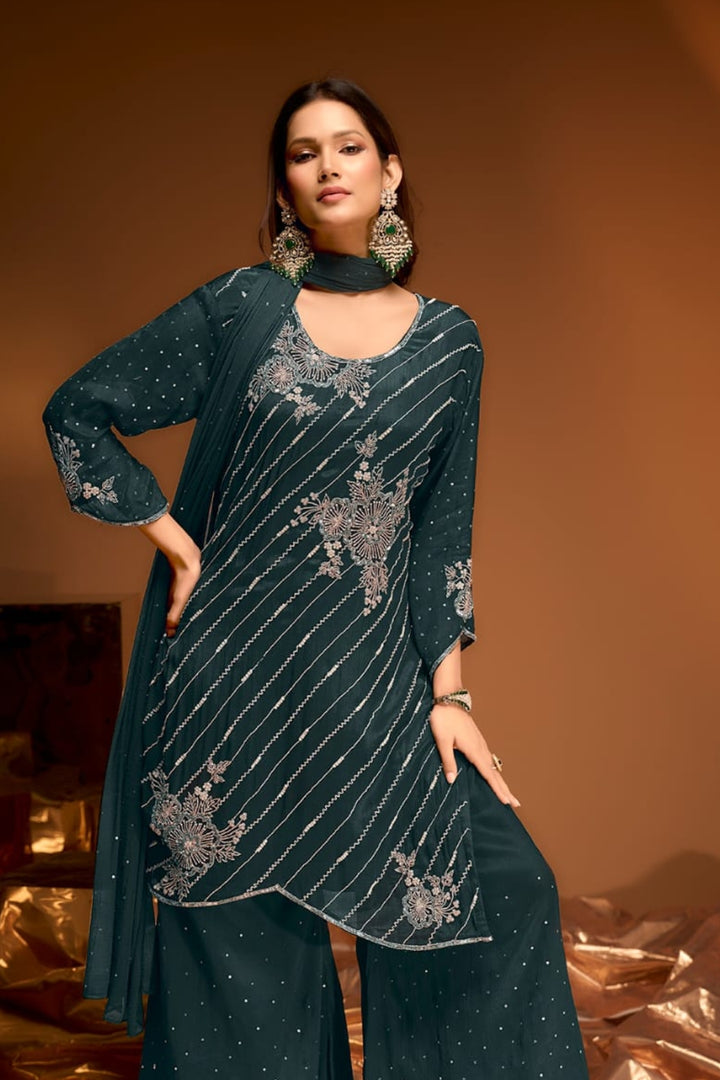 Royal Blue Embroidered Sharara Set by B Girl