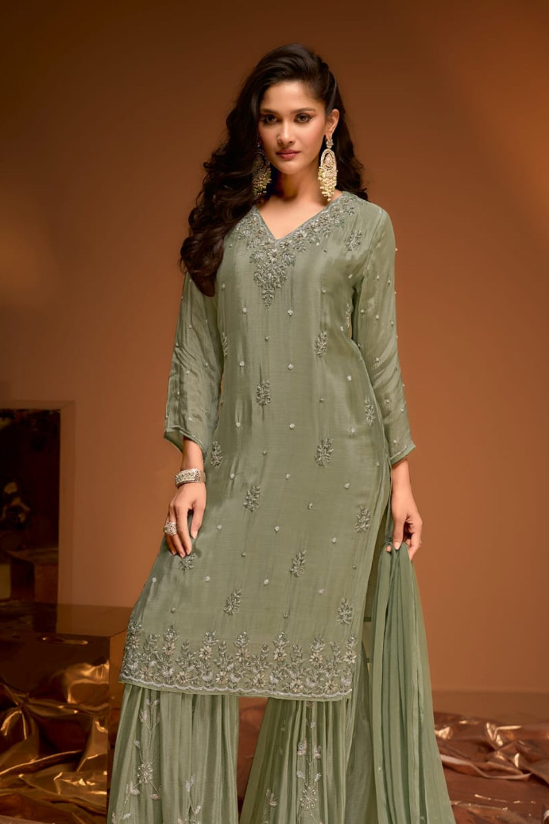Mehendi Green Embroidered Sharara Set by B Girl