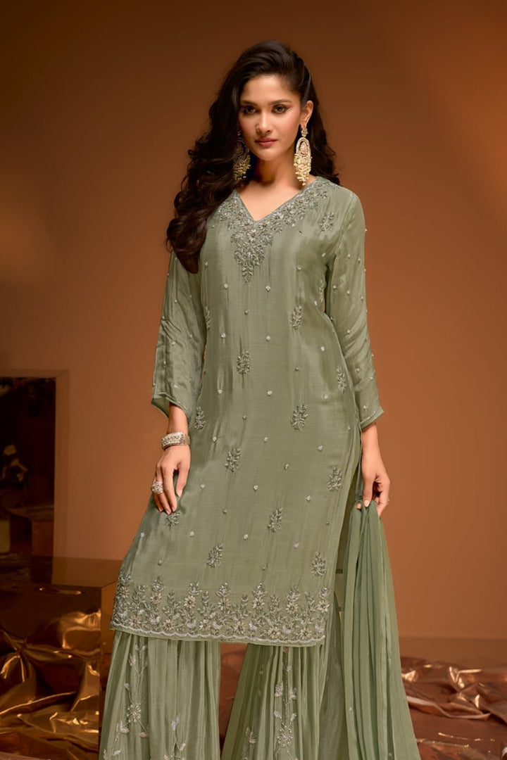 Mehendi Green Embroidered Sharara Set by B Girl