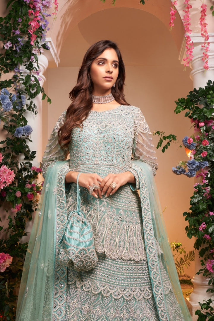 Serene Aqua Embroidered Gown with Graceful Detailing