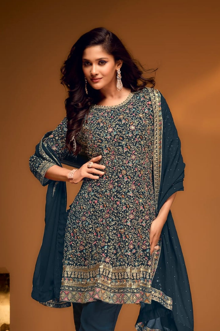 Enchanting Navy Blue Floral Anarkali by B Girl
