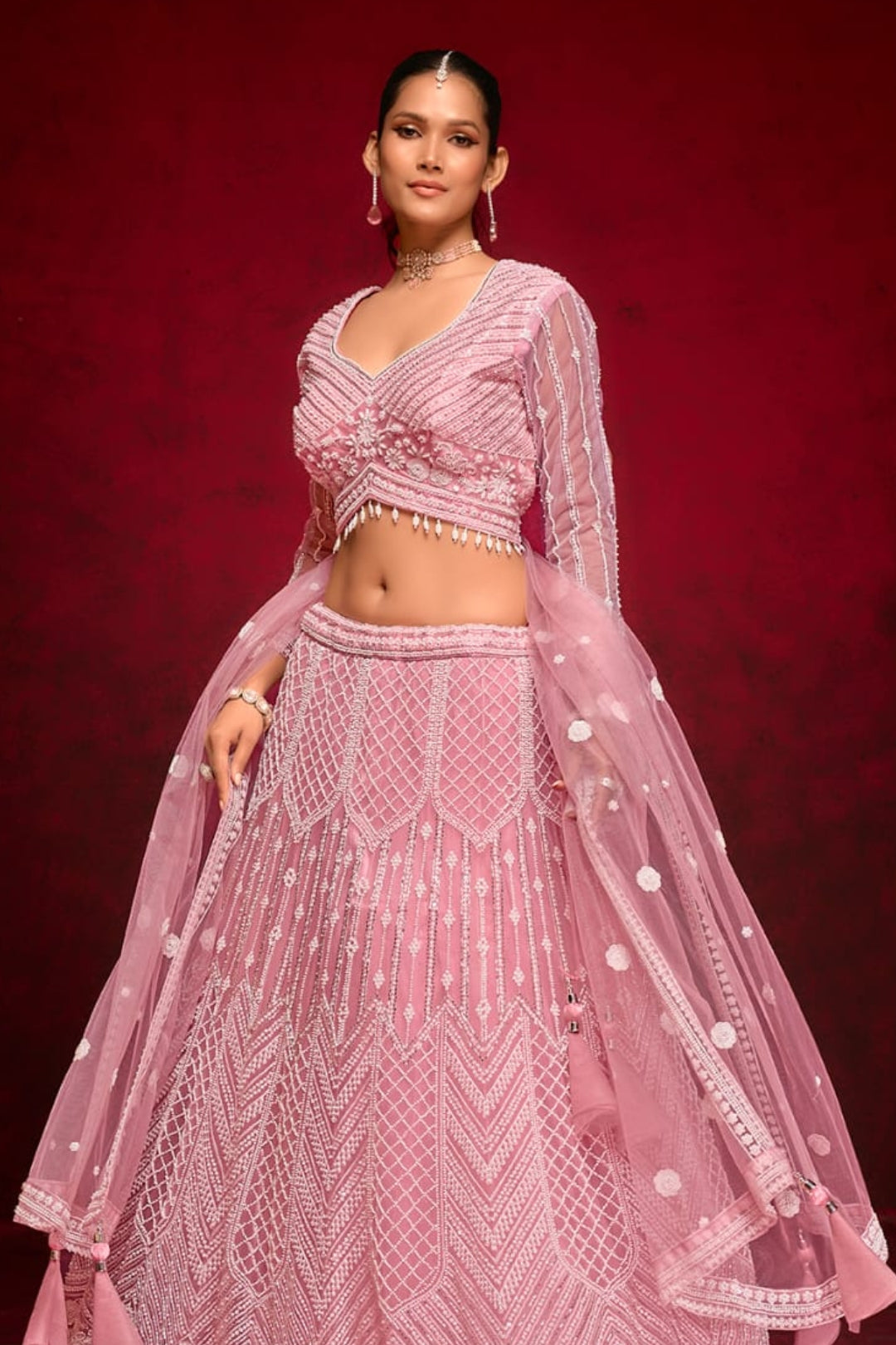 Blush Pink Embroidered Lehenga Choli with Sheer Dupatta by B Girl