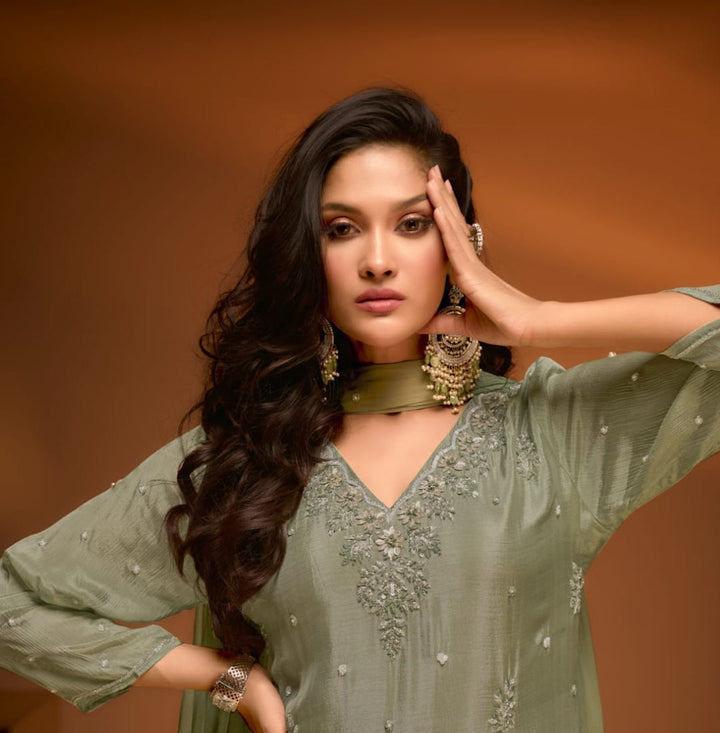 Mehendi Green Embroidered Sharara Set by B Girl