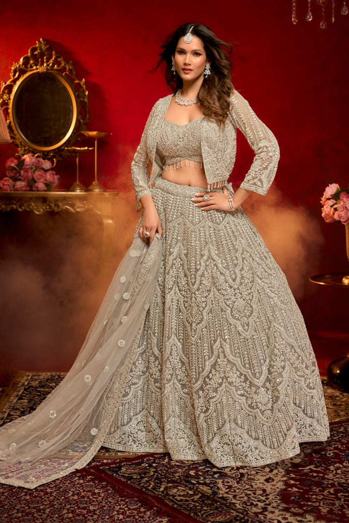 Radiant Silver Embroidered Lehenga Choli with Jacket by B Girl