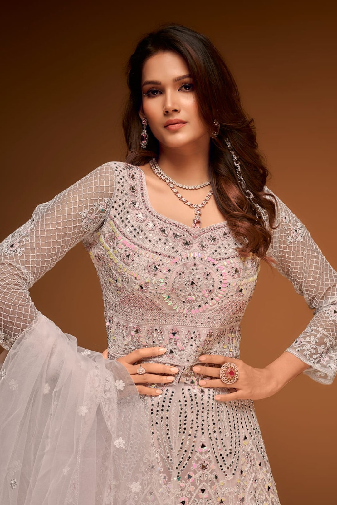 Enchanting Blush Pink Mirror Work Choli with Lehenga
