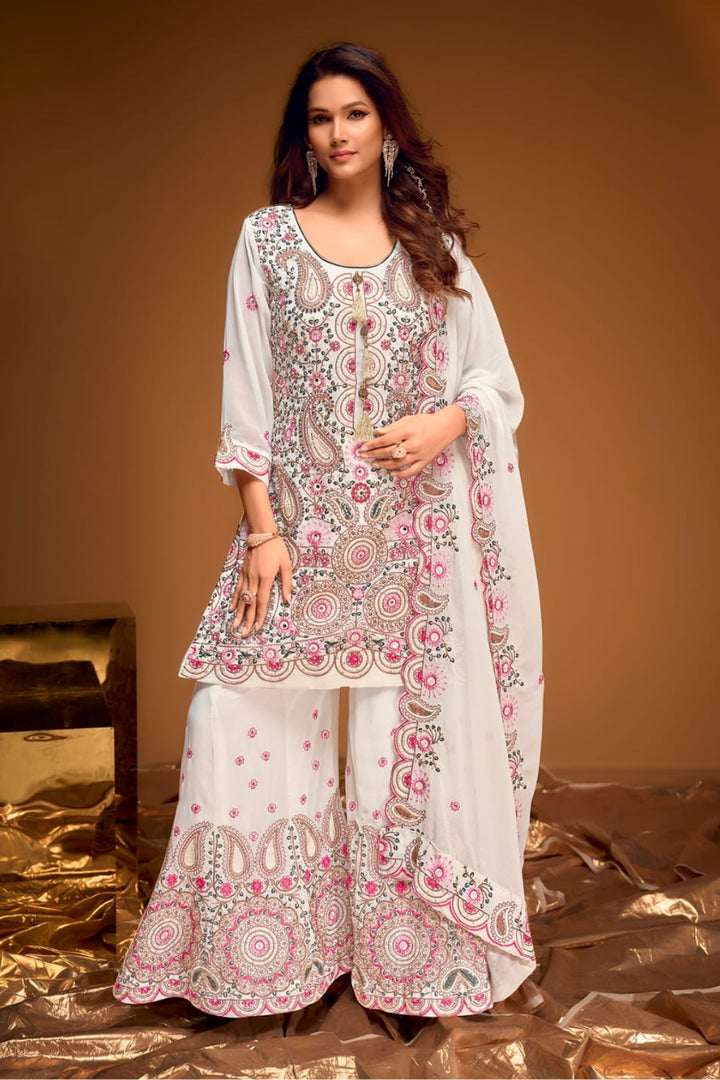 Elegant White Embroidered Sharara Set by B Girl